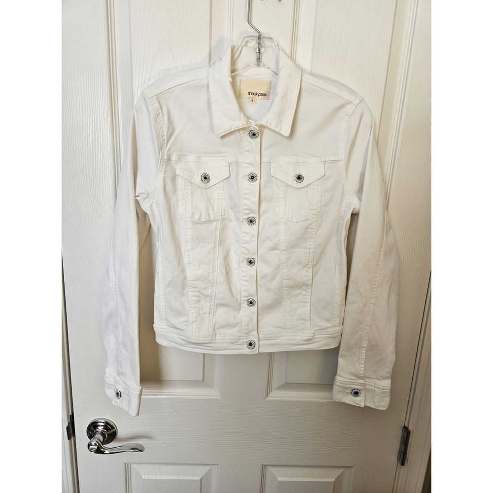 Sneak Peek Women's White Denim Long Sleeve Metal Button Down Jean Jacket, Small